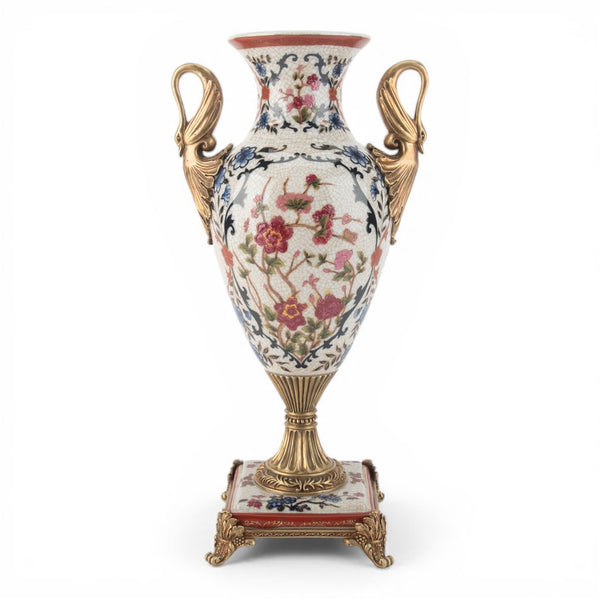 Danny's Fine Porcelain Home Decor Danny's Fine Porcelain Porcelain Swan Handle Vase with Bronze Ormolu - Blossom Scroll