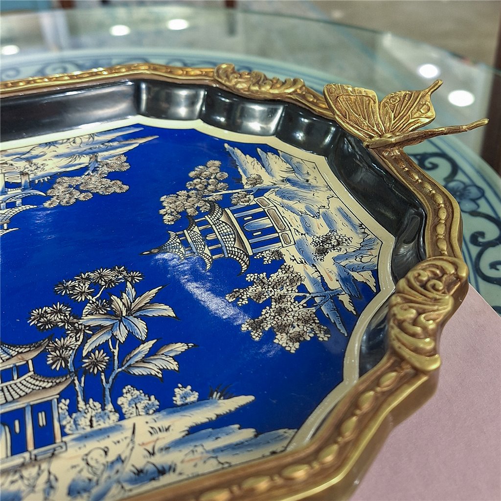 Danny's Fine Porcelain Home Decor Danny's Fine Porcelain Porcelain Tray with Bronze Ormolu - Azure Pagoda