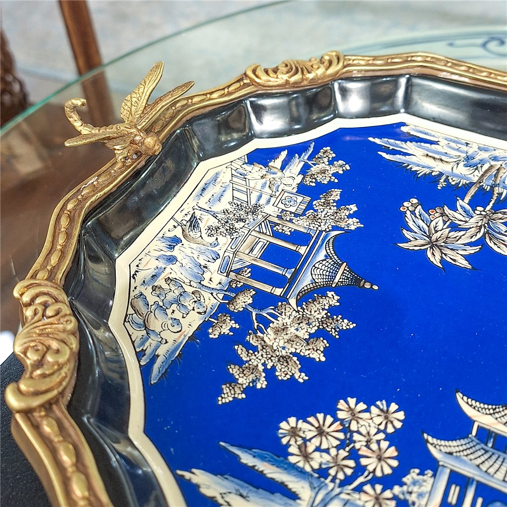 Danny's Fine Porcelain Home Decor Danny's Fine Porcelain Porcelain Tray with Bronze Ormolu - Azure Pagoda