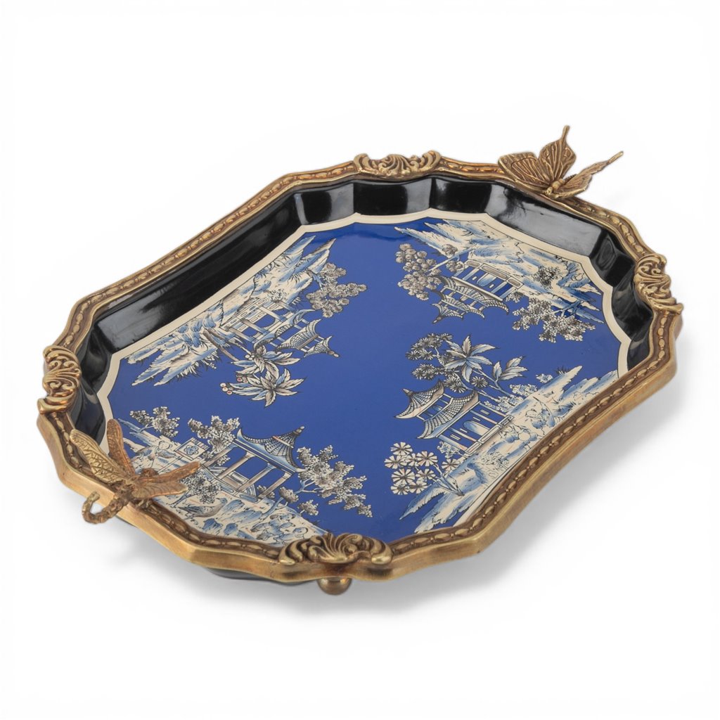 Danny's Fine Porcelain Home Decor Danny's Fine Porcelain Porcelain Tray with Bronze Ormolu - Azure Pagoda