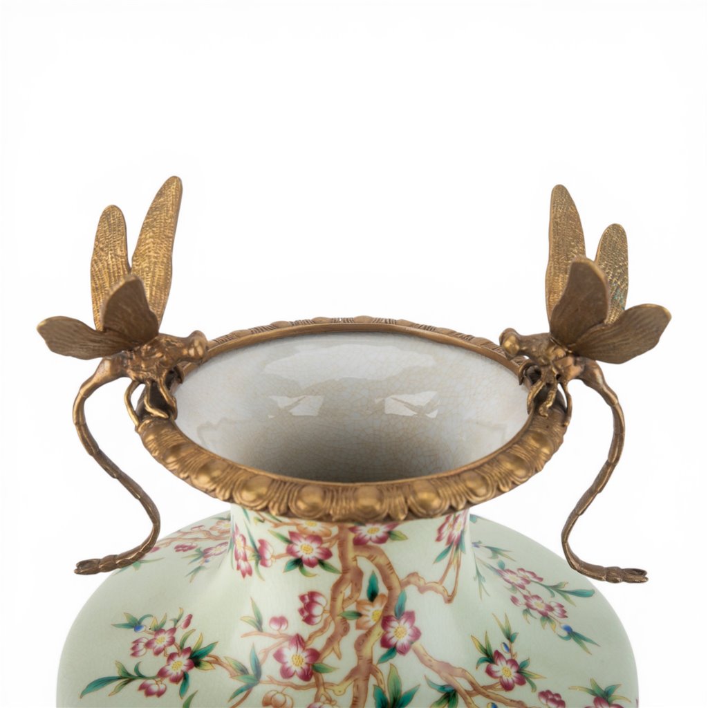 Danny's Fine Porcelain Home Decor Danny's Fine Porcelain Porcelain Vase with Ormolu Dragonfly Handles-Floral Vine