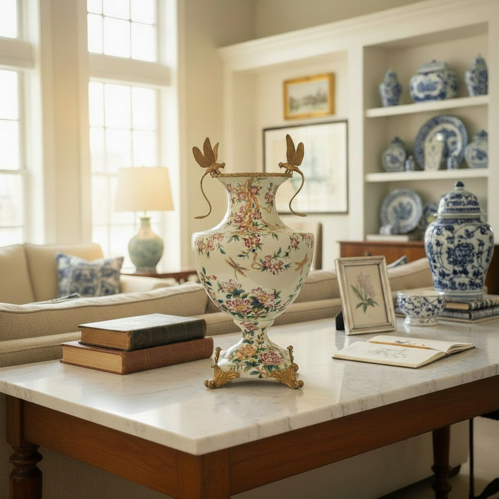 Danny's Fine Porcelain Home Decor Danny's Fine Porcelain Porcelain Vase with Ormolu Dragonfly Handles-Floral Vine