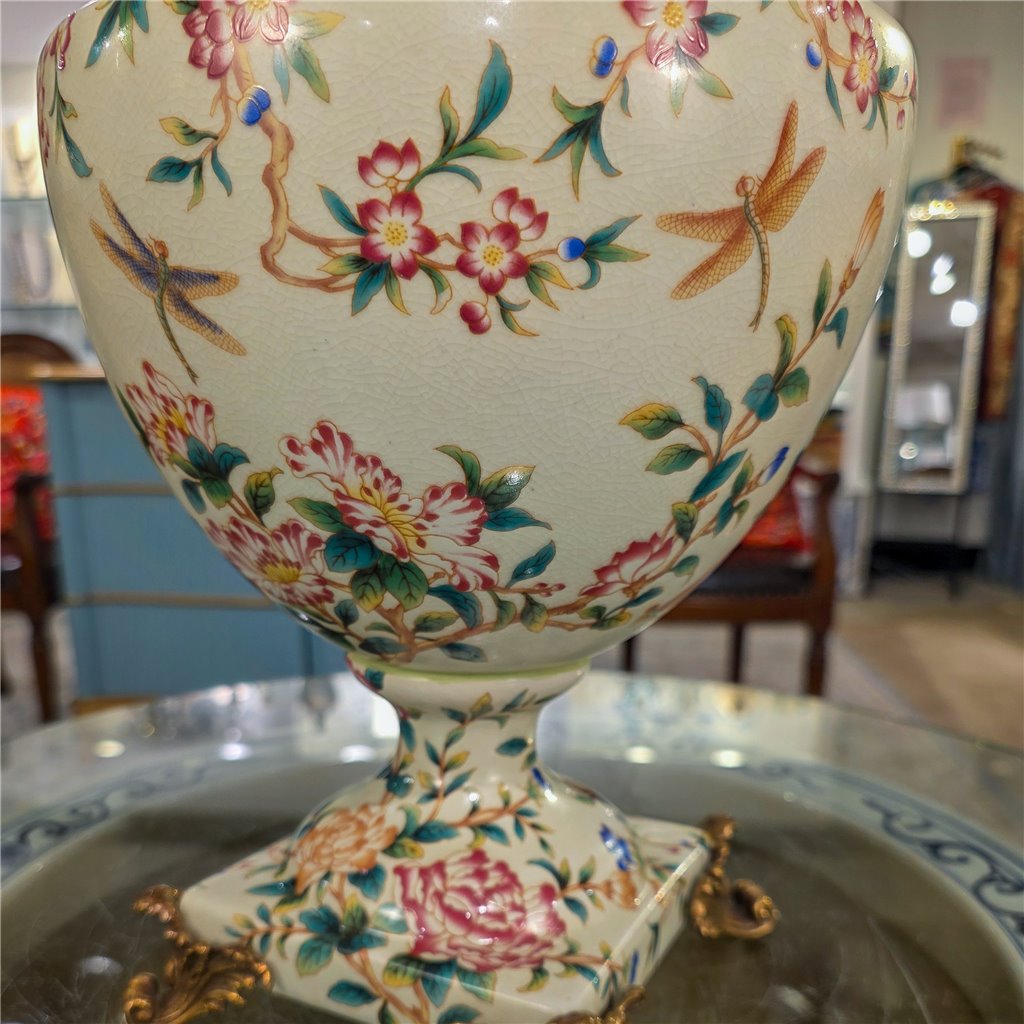 Danny's Fine Porcelain Home Decor Danny's Fine Porcelain Porcelain Vase with Ormolu Dragonfly Handles-Floral Vine
