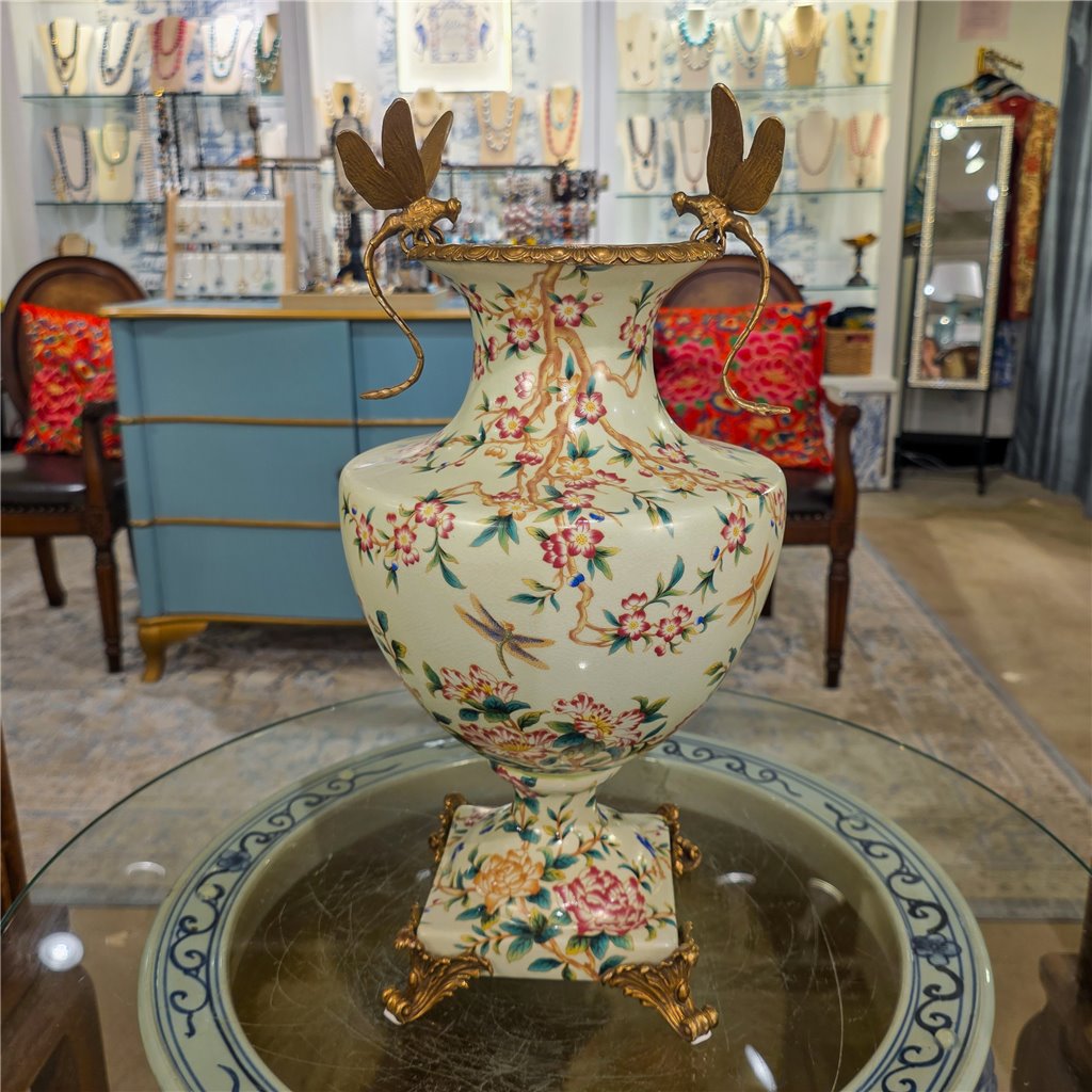 Danny's Fine Porcelain Home Decor Danny's Fine Porcelain Porcelain Vase with Ormolu Dragonfly Handles-Floral Vine