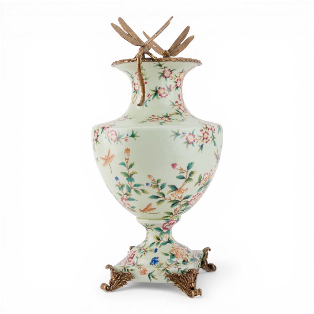 Danny's Fine Porcelain Home Decor Danny's Fine Porcelain Porcelain Vase with Ormolu Dragonfly Handles-Floral Vine