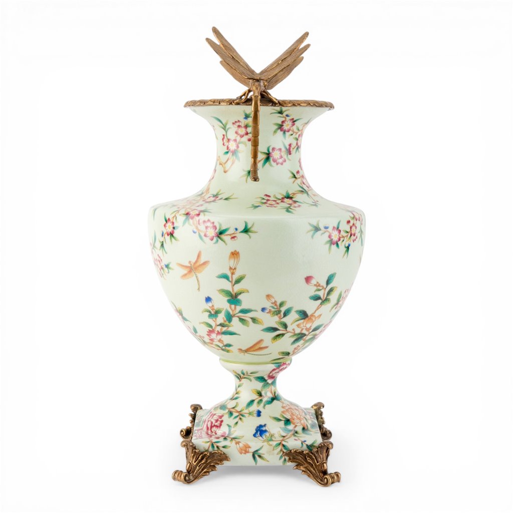 Danny's Fine Porcelain Home Decor Danny's Fine Porcelain Porcelain Vase with Ormolu Dragonfly Handles-Floral Vine