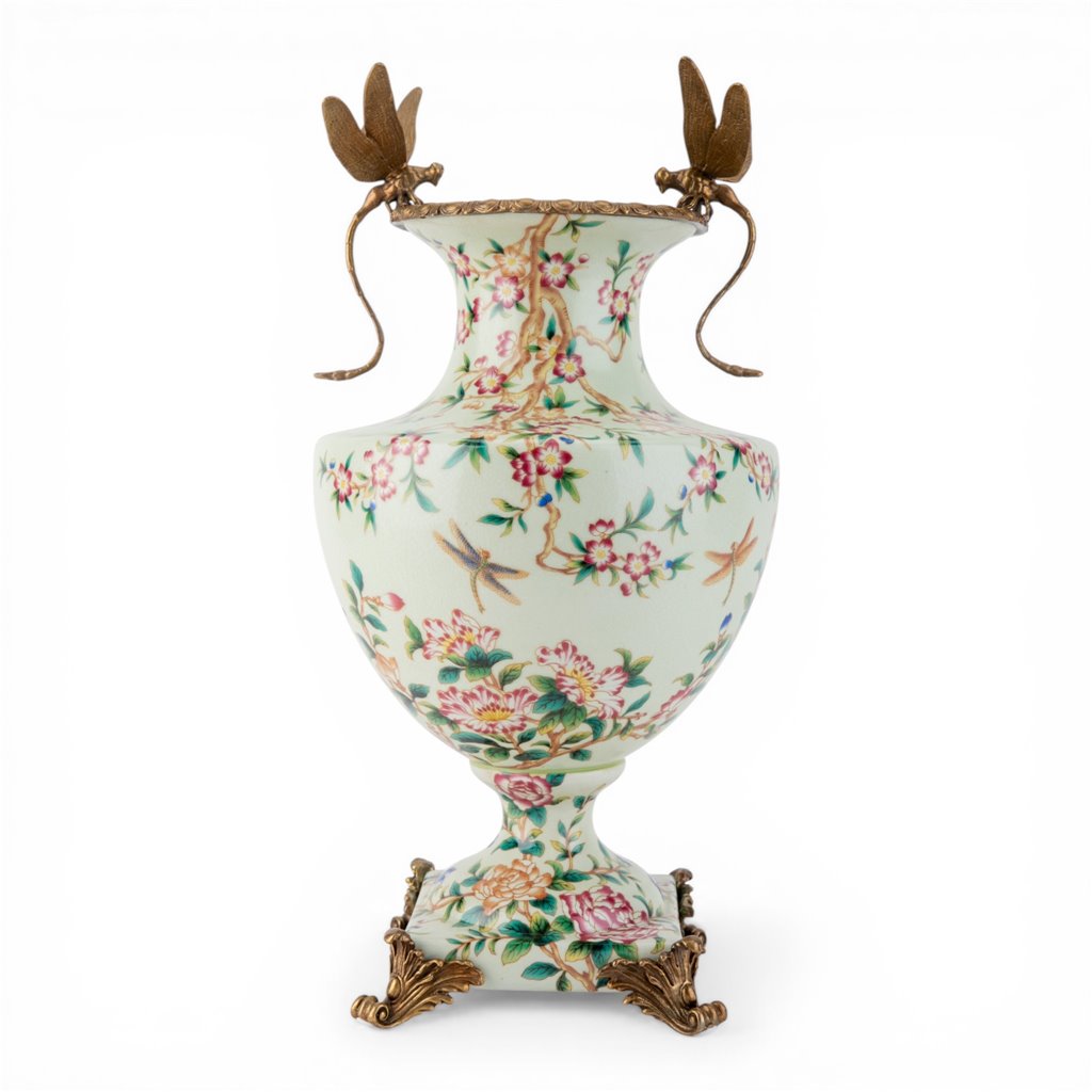 Danny's Fine Porcelain Home Decor Danny's Fine Porcelain Porcelain Vase with Ormolu Dragonfly Handles-Floral Vine