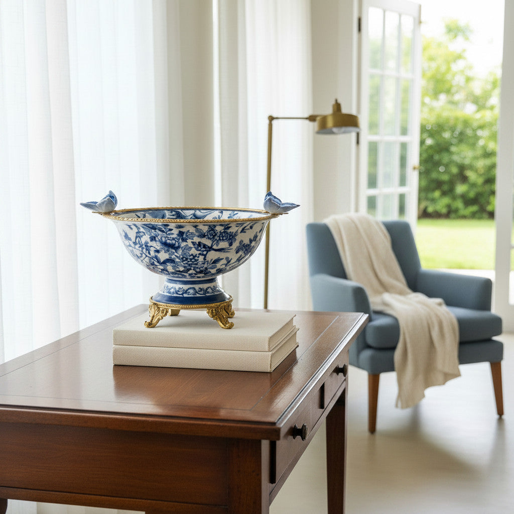 Danny's Fine Porcelain Home Decor Danny's Fine Porcelain Porcelain Vase with Ormolu Handles-Blue Bird
