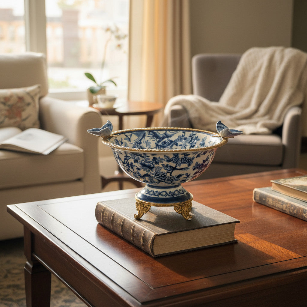Danny's Fine Porcelain Home Decor Danny's Fine Porcelain Porcelain Vase with Ormolu Handles-Blue Bird