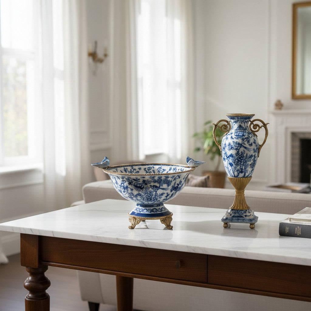 Danny's Fine Porcelain Home Decor Danny's Fine Porcelain Porcelain Vase with Ormolu Handles-Blue Bird