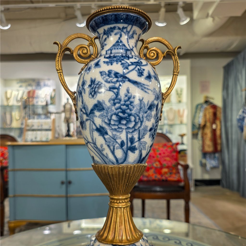 Danny's Fine Porcelain Home Decor Danny's Fine Porcelain Porcelain Vase with Ormolu Handles-Blue Bird