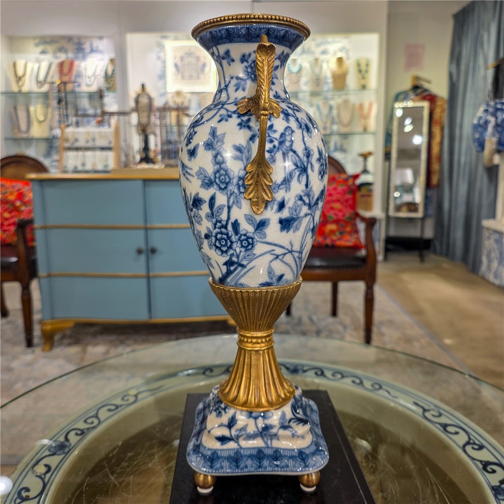 Danny's Fine Porcelain Home Decor Danny's Fine Porcelain Porcelain Vase with Ormolu Handles-Blue Bird