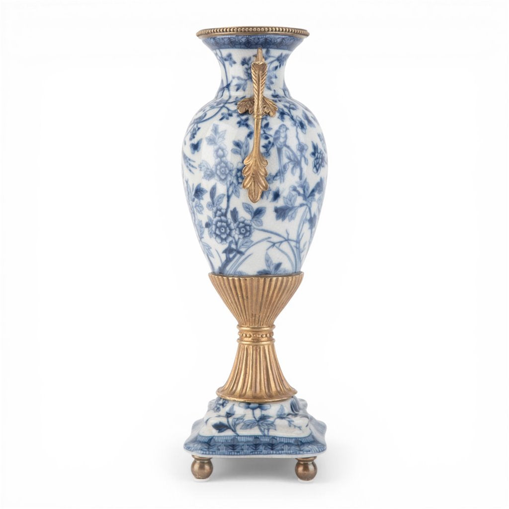 Danny's Fine Porcelain Home Decor Danny's Fine Porcelain Porcelain Vase with Ormolu Handles-Blue Bird