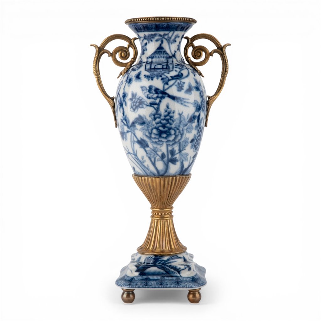 Danny's Fine Porcelain Home Decor Danny's Fine Porcelain Porcelain Vase with Ormolu Handles-Blue Bird