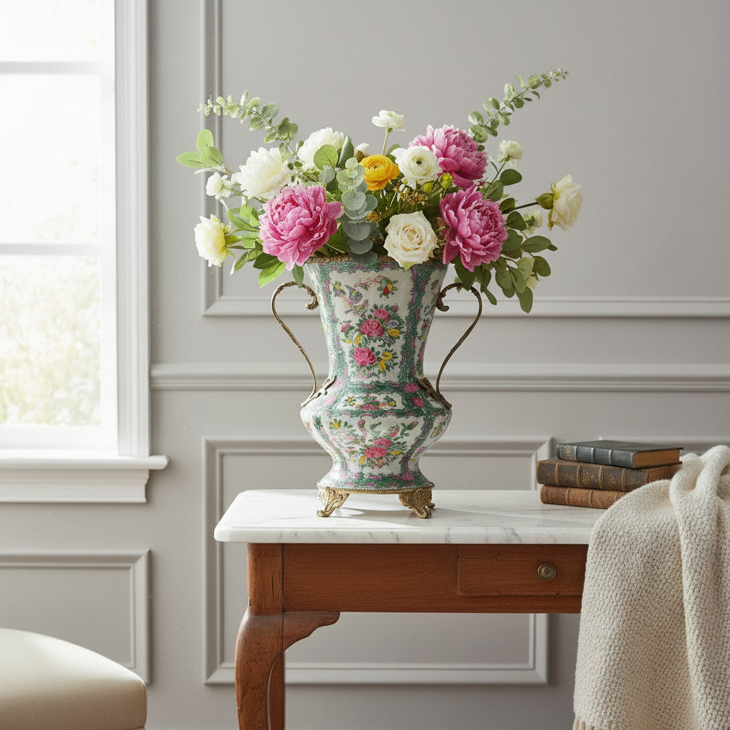 Danny's Fine Porcelain Home Decor Danny's Fine Porcelain Porcelain Vase with Ormolu Handles-Rose Medallion