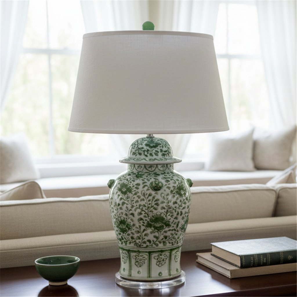 Danny's Fine Porcelain Home Decor Danny's Fine Porcelain Porcelain Warrior Jar Lamp-Green Peony[2-847-19]