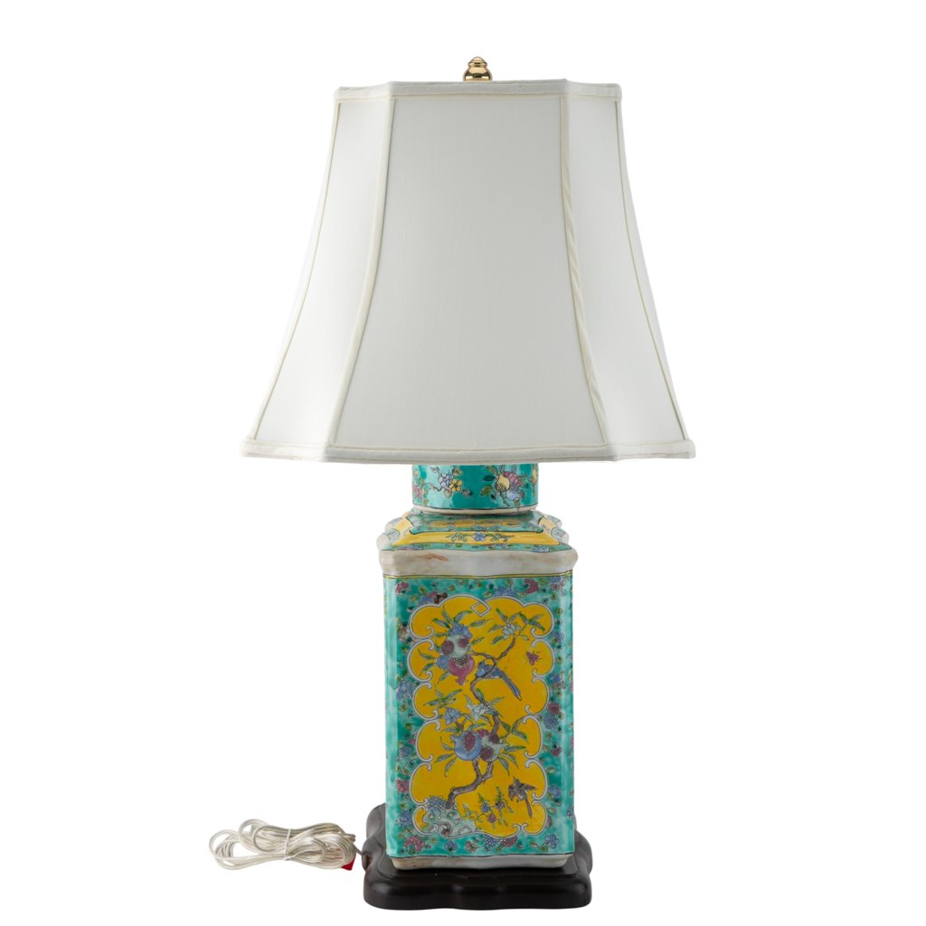 Danny's Fine Porcelain Home Decor Danny's Fine Porcelain Rectangular Lidded Tea Jar Lamp-Green Yellow Flower Bird[111-19-St-Be]