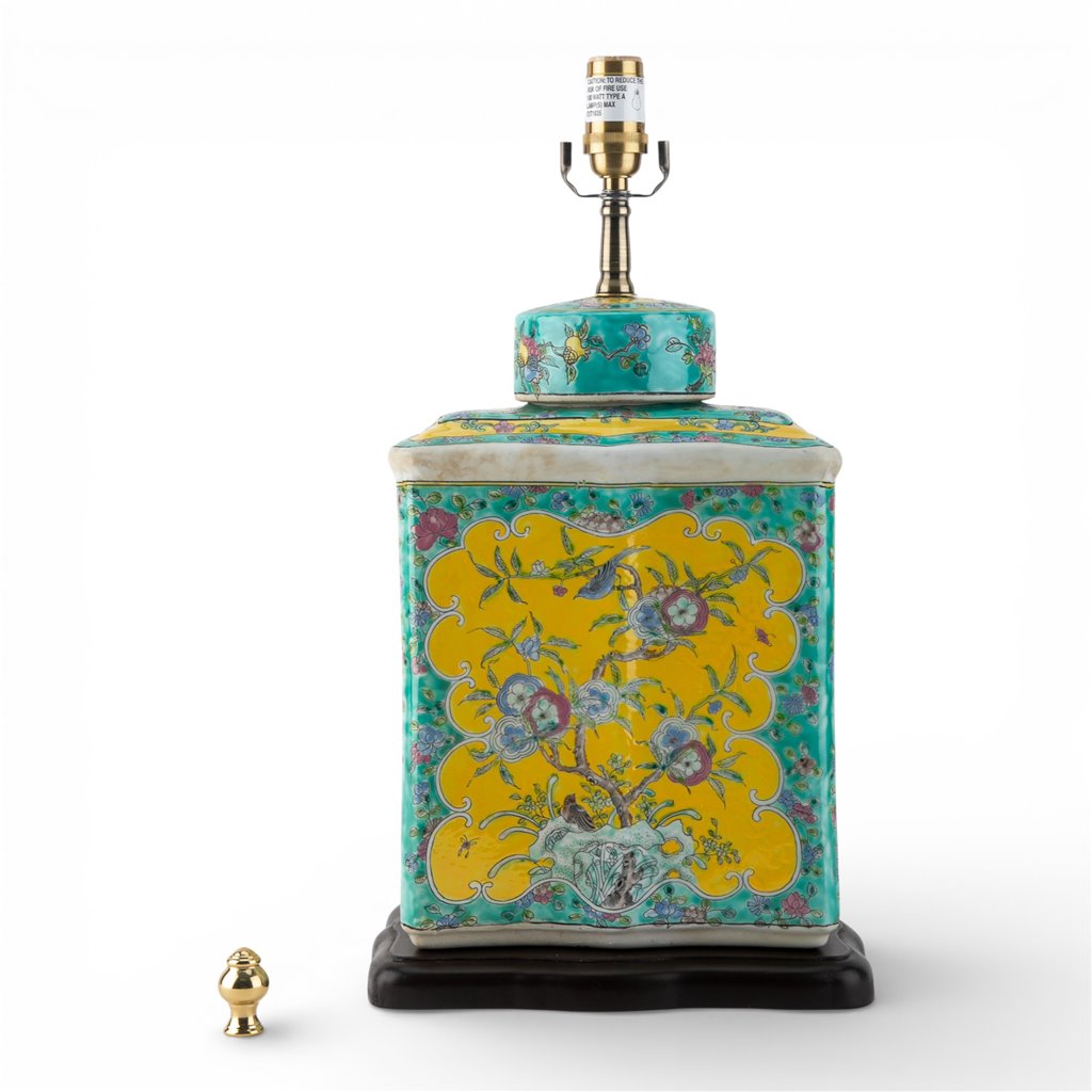 Danny's Fine Porcelain Home Decor Danny's Fine Porcelain Rectangular Lidded Tea Jar Lamp-Green Yellow Flower Bird[111-19-St-Be]