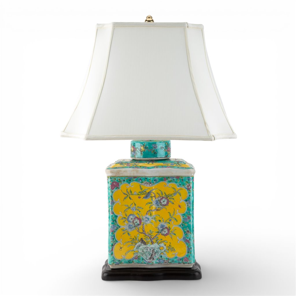 Danny's Fine Porcelain Home Decor Danny's Fine Porcelain Rectangular Lidded Tea Jar Lamp-Green Yellow Flower Bird[111-19-St-Be]