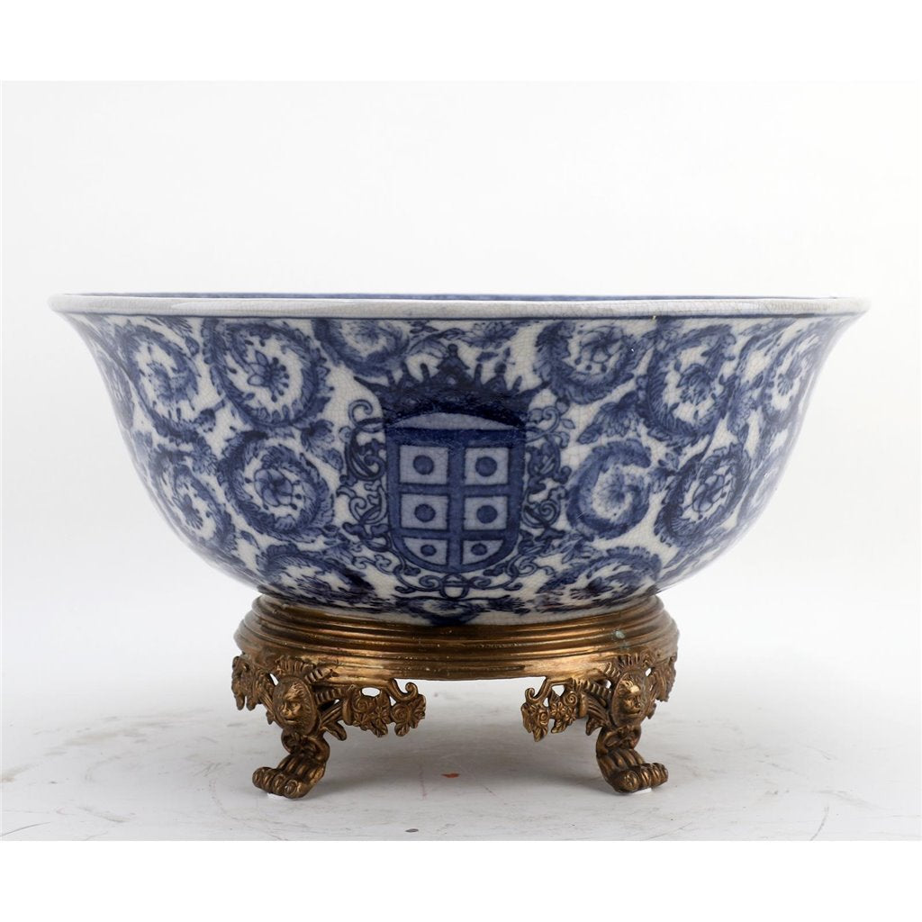 Danny's Fine Porcelain Home Decor Danny's Fine Porcelain Round Bowl With Bronze Base-Blue And White 14095