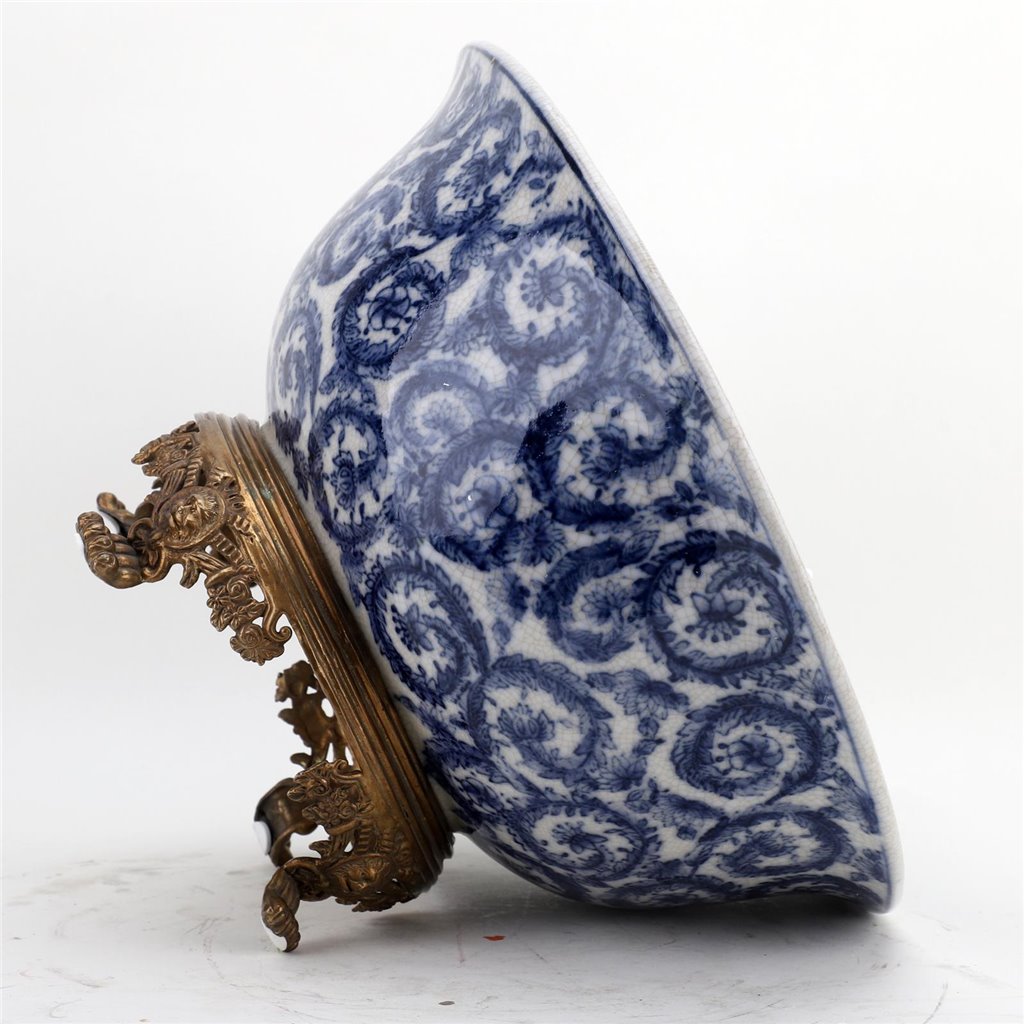 Danny's Fine Porcelain Home Decor Danny's Fine Porcelain Round Bowl With Bronze Base-Blue And White 14095