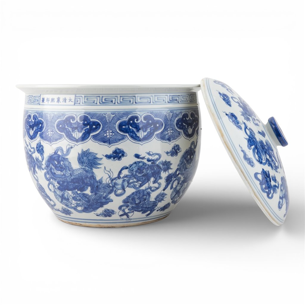 Danny's Fine Porcelain Home Decor Danny's Fine Porcelain Round Lidded Basin - Blue and White Foo Dogs