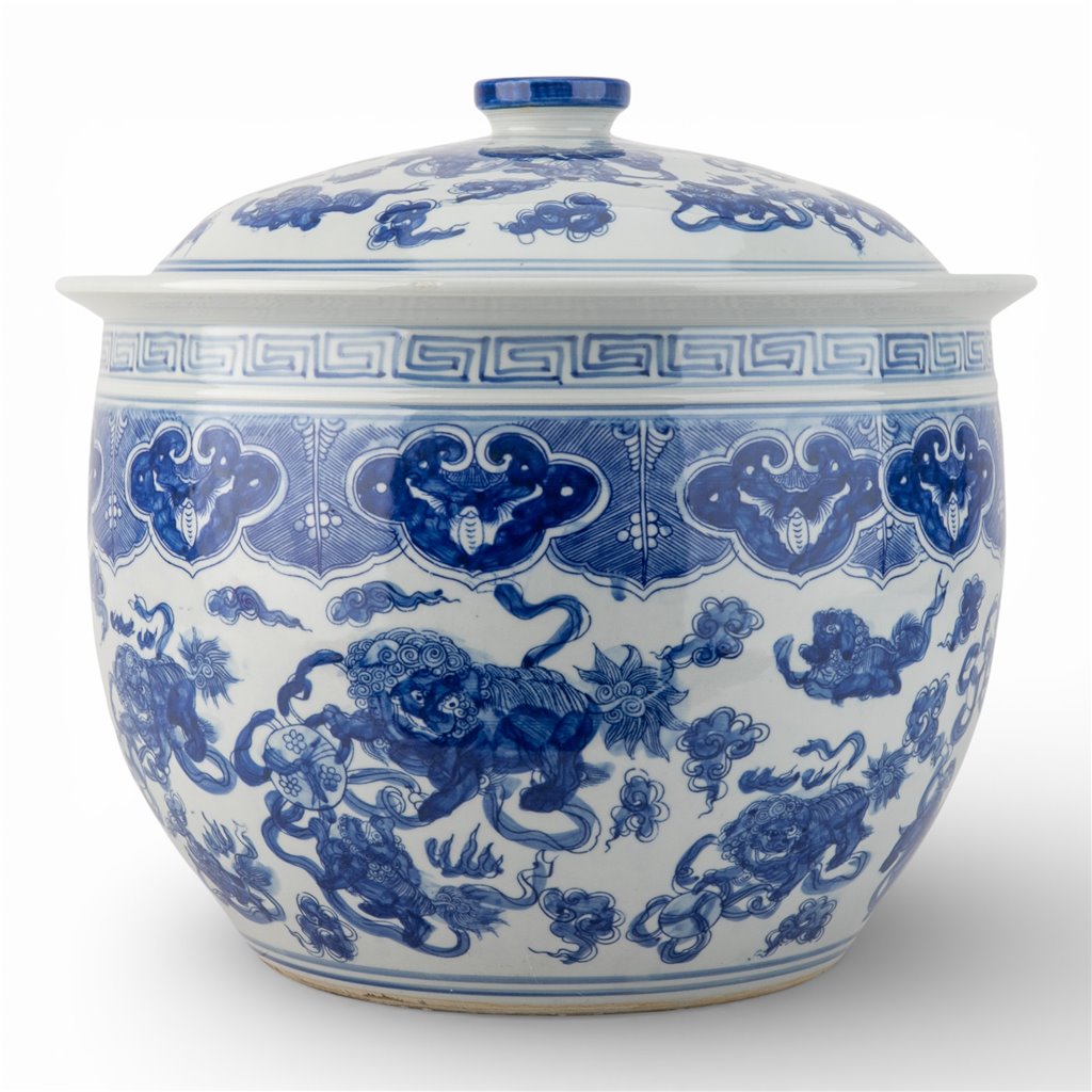 Danny's Fine Porcelain Home Decor Danny's Fine Porcelain Round Lidded Basin - Blue and White Foo Dogs