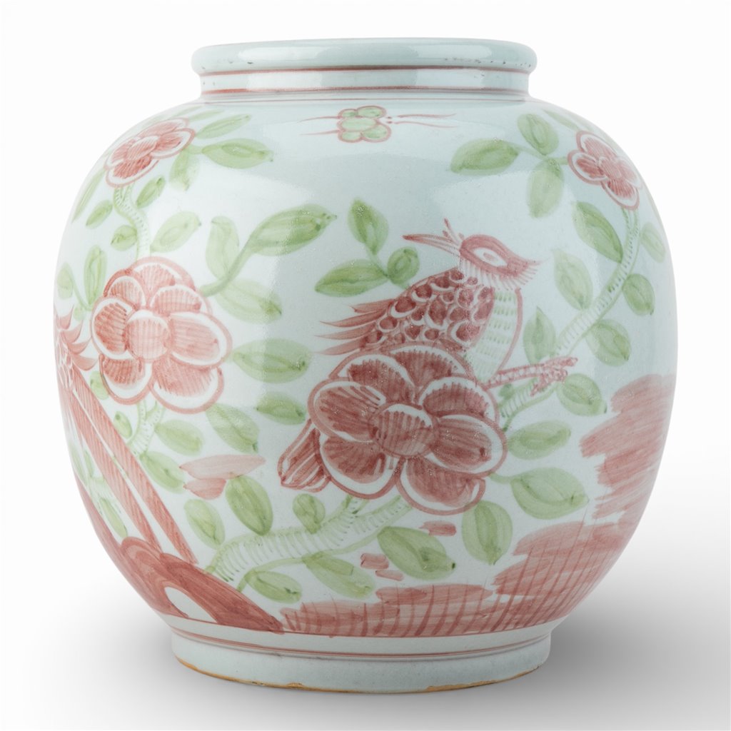 Danny's Fine Porcelain Home Decor Danny's Fine Porcelain Round Moon Vase-Red and Green Bird. Display It Alone Or with Flowers For