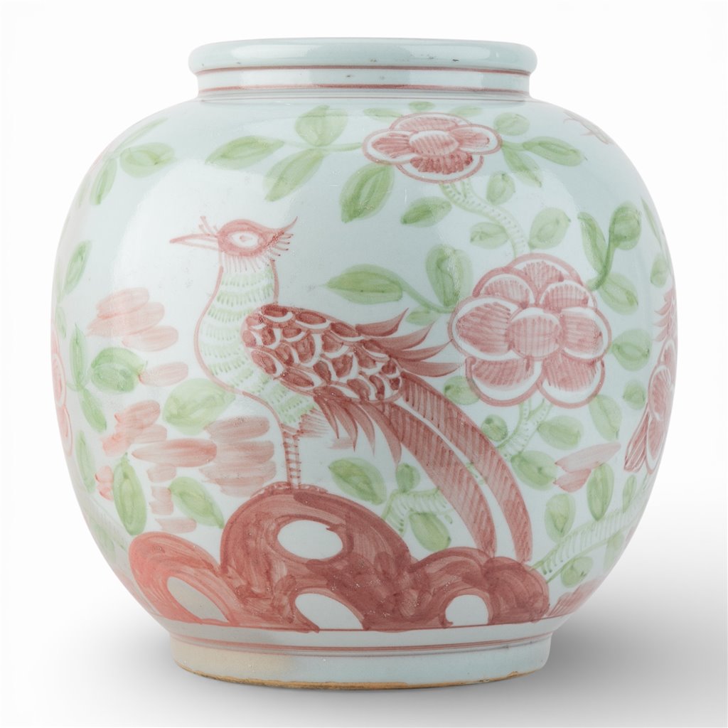 Danny's Fine Porcelain Home Decor Danny's Fine Porcelain Round Moon Vase-Red and Green Bird. Display It Alone Or with Flowers For