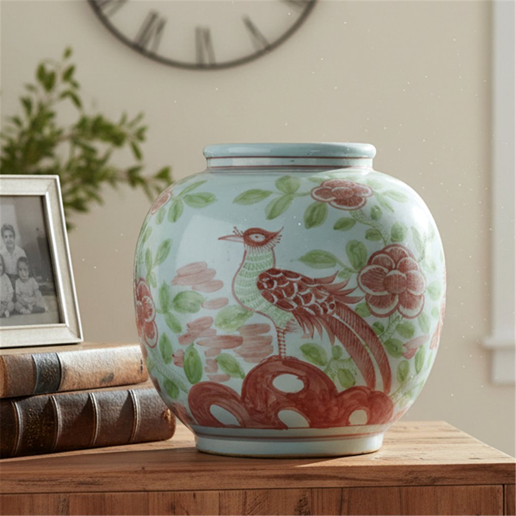 Danny's Fine Porcelain Home Decor Danny's Fine Porcelain Round Moon Vase-Red and Green Bird. Display It Alone Or with Flowers For