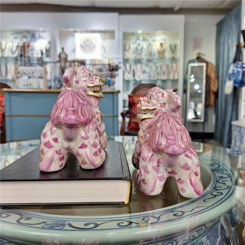 Danny's Fine Porcelain Home Decor Danny's Fine Porcelain Small Pair of Lucky Foo Dog – Pink Fishnet