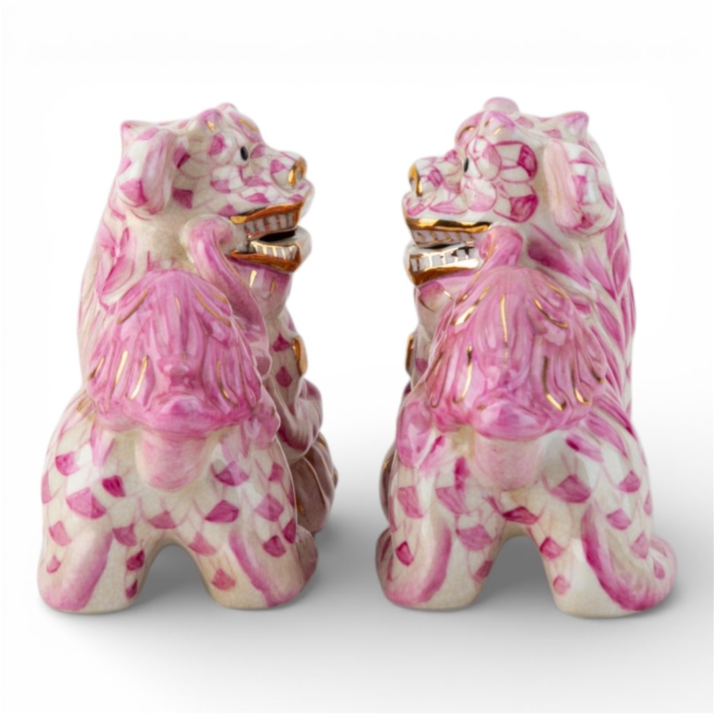Danny's Fine Porcelain Home Decor Danny's Fine Porcelain Small Pair of Lucky Foo Dog – Pink Fishnet