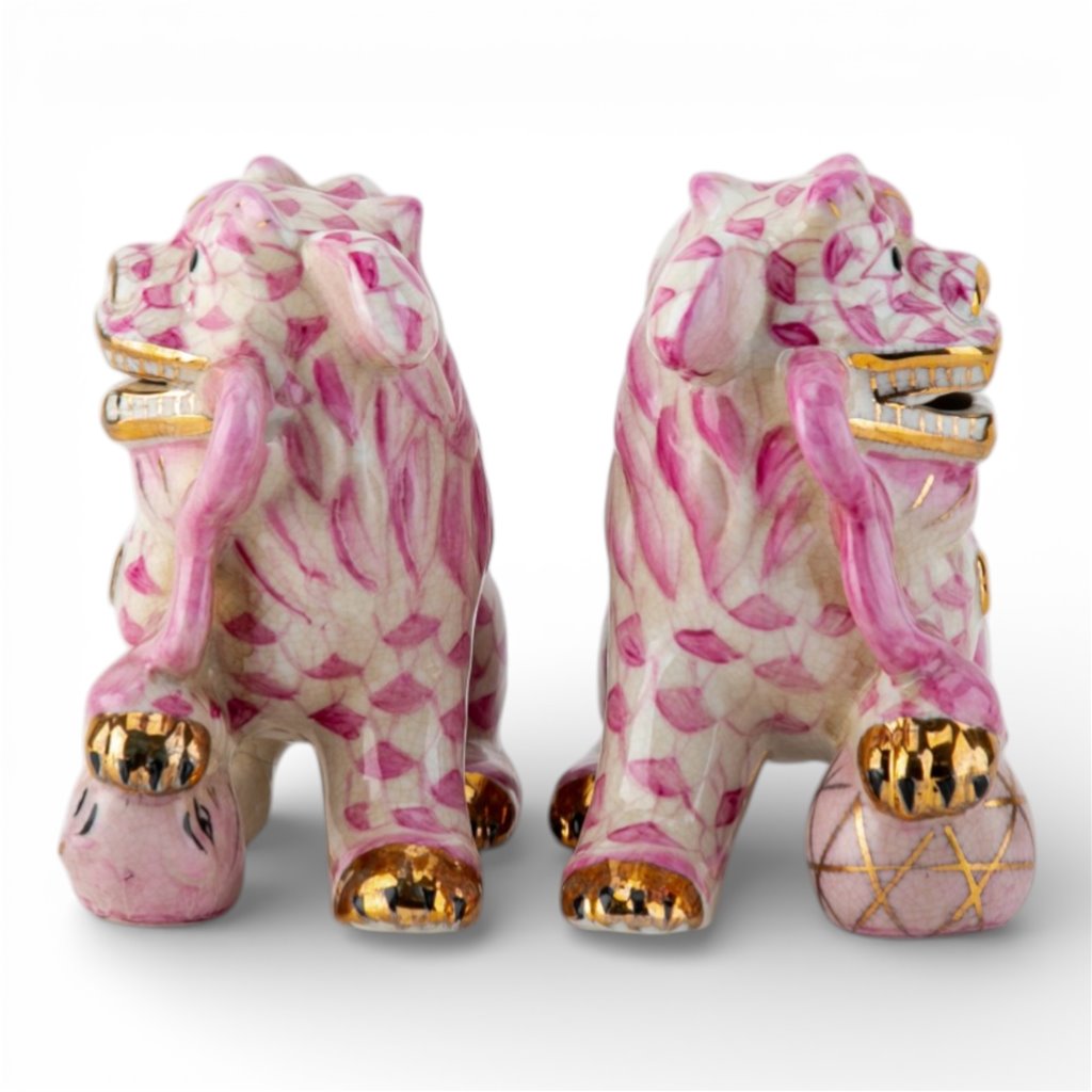 Danny's Fine Porcelain Home Decor Danny's Fine Porcelain Small Pair of Lucky Foo Dog – Pink Fishnet