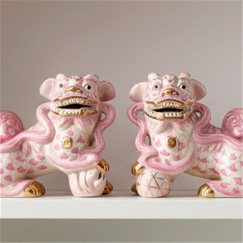 Danny's Fine Porcelain Home Decor Danny's Fine Porcelain Small Pair of Lucky Foo Dog – Pink Fishnet