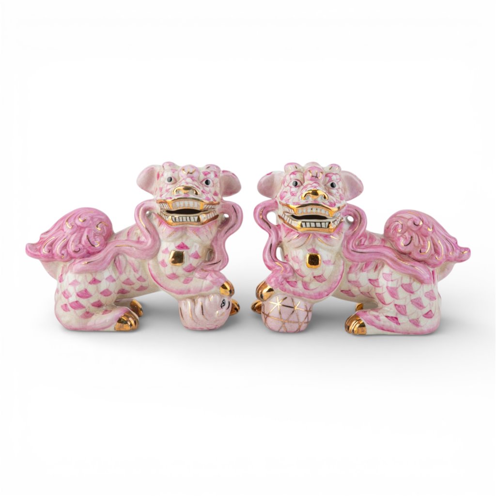 Danny's Fine Porcelain Home Decor Danny's Fine Porcelain Small Pair of Lucky Foo Dog – Pink Fishnet