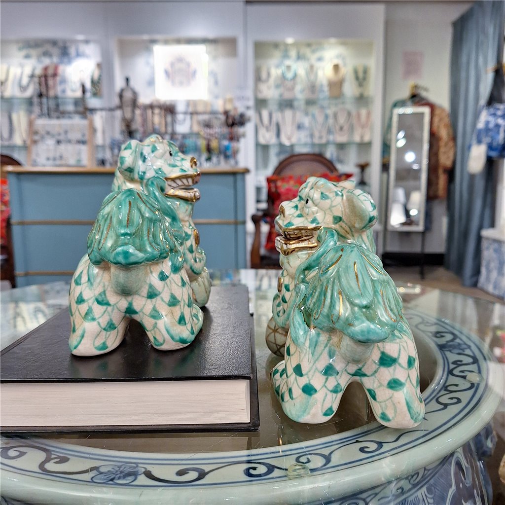 Danny's Fine Porcelain Home Decor Danny's Fine Porcelain Small Pair of Lucky Foo Dog – Teal Fishnet