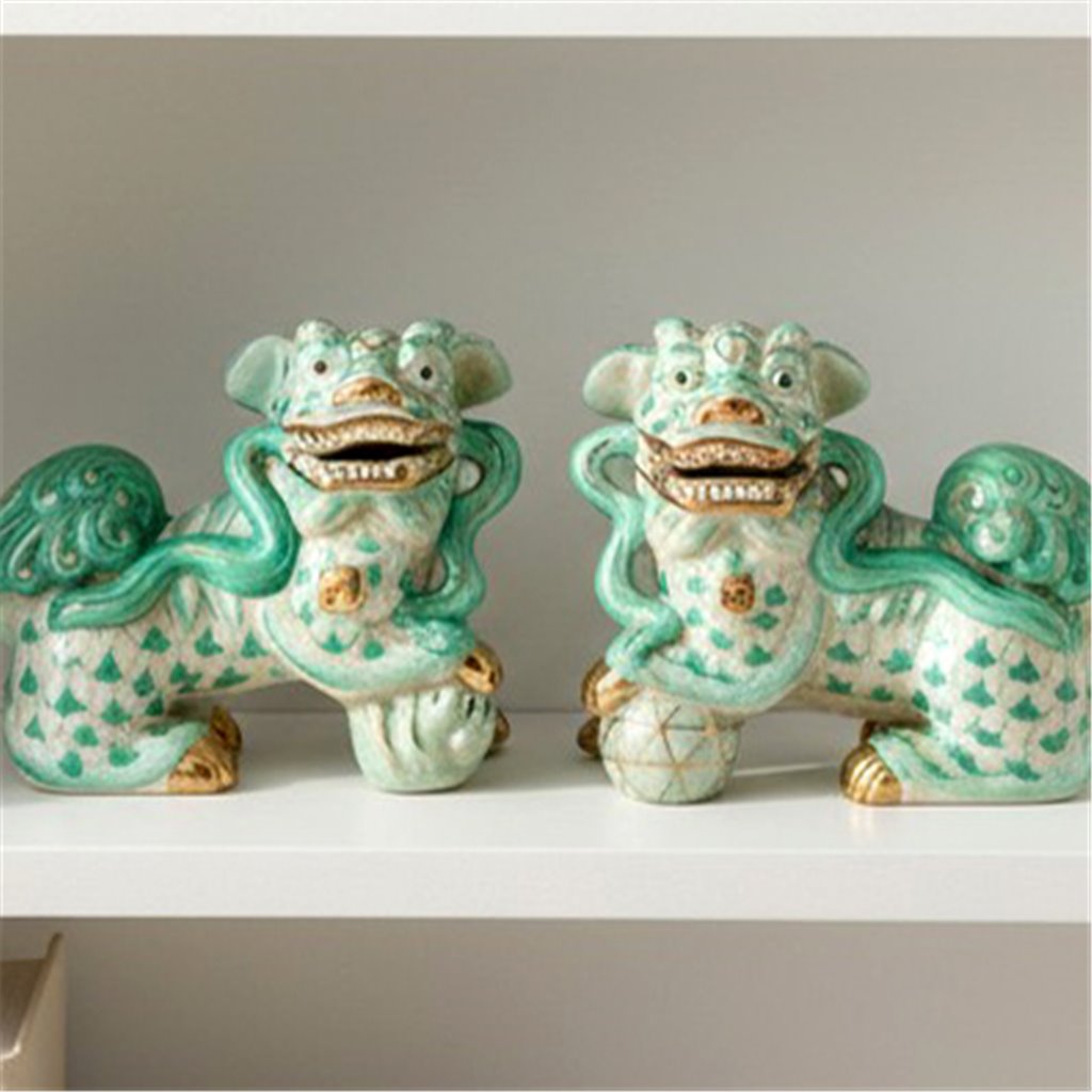 Danny's Fine Porcelain Home Decor Danny's Fine Porcelain Small Pair of Lucky Foo Dog – Teal Fishnet