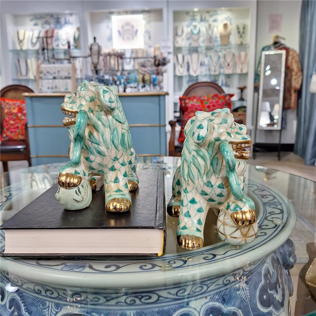 Danny's Fine Porcelain Home Decor Danny's Fine Porcelain Small Pair of Lucky Foo Dog – Teal Fishnet