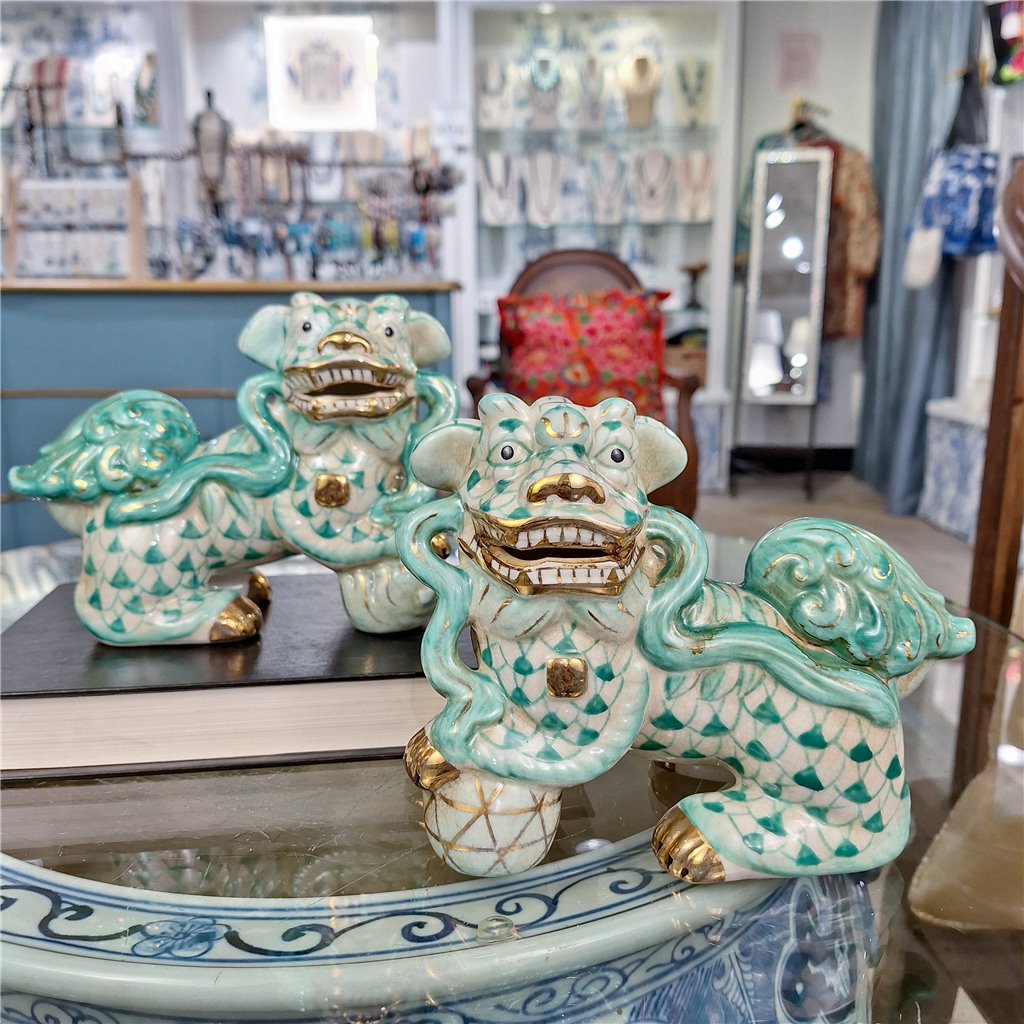 Danny's Fine Porcelain Home Decor Danny's Fine Porcelain Small Pair of Lucky Foo Dog – Teal Fishnet