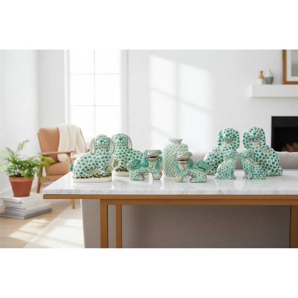 Danny's Fine Porcelain Home Decor Danny's Fine Porcelain Small Pair of Lucky Foo Dog – Teal Fishnet