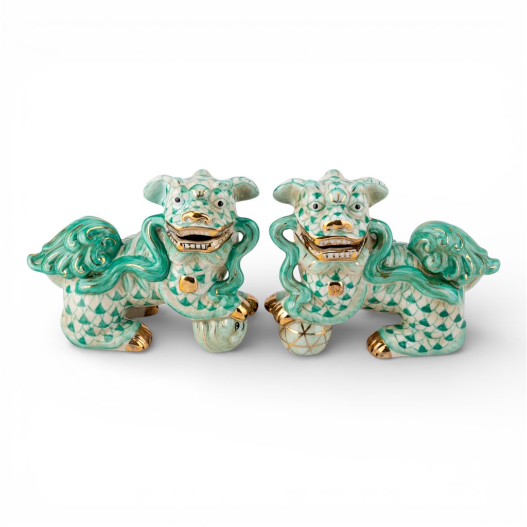 Danny's Fine Porcelain Home Decor Danny's Fine Porcelain Small Pair of Lucky Foo Dog – Teal Fishnet