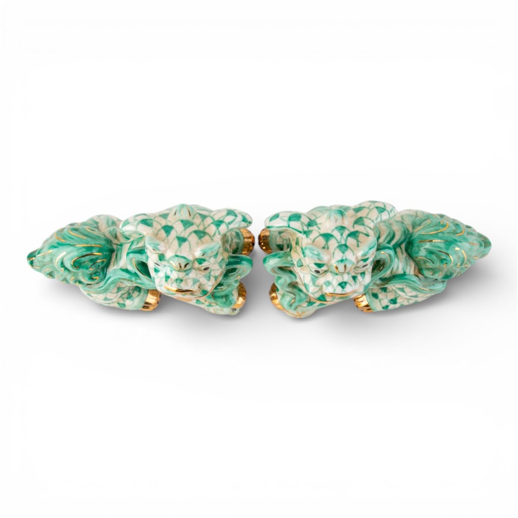 Danny's Fine Porcelain Home Decor Danny's Fine Porcelain Small Pair of Lucky Foo Dog – Teal Fishnet