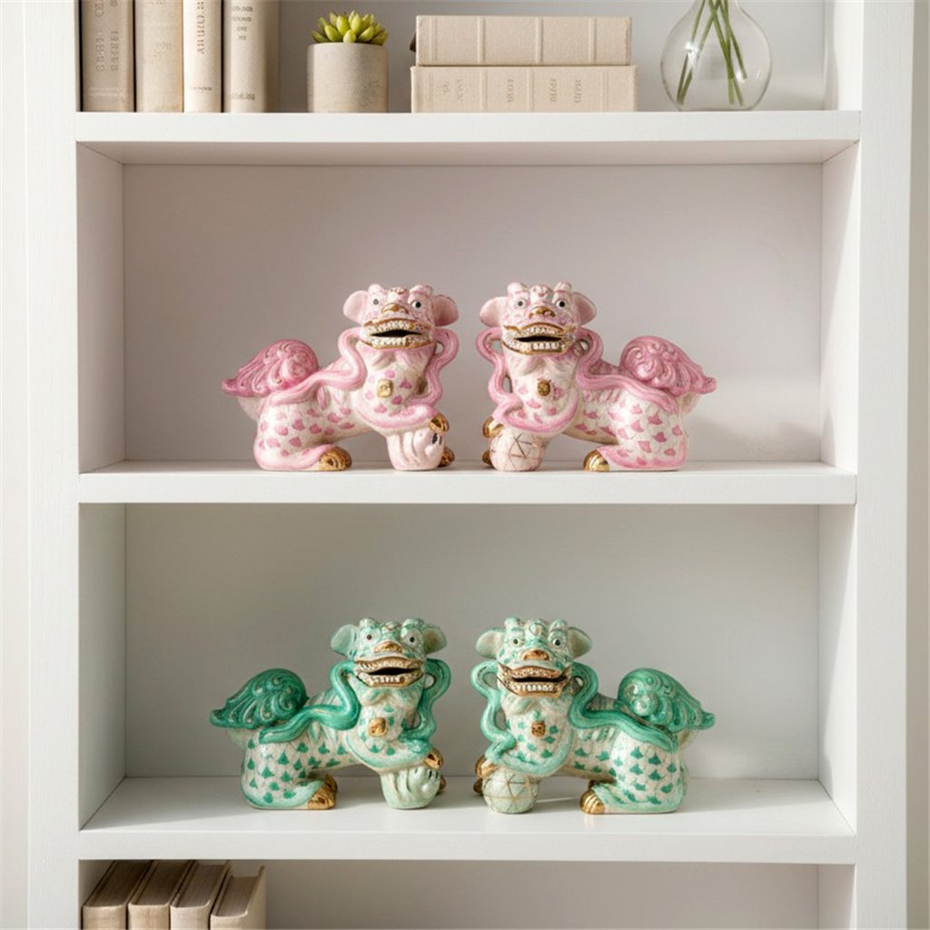 Danny's Fine Porcelain Home Decor Danny's Fine Porcelain Small Pair of Lucky Foo Dog – Teal Fishnet
