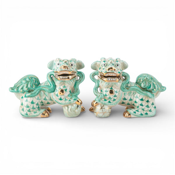 Danny's Fine Porcelain Home Decor Danny's Fine Porcelain Small Pair of Lucky Foo Dog – Teal Fishnet