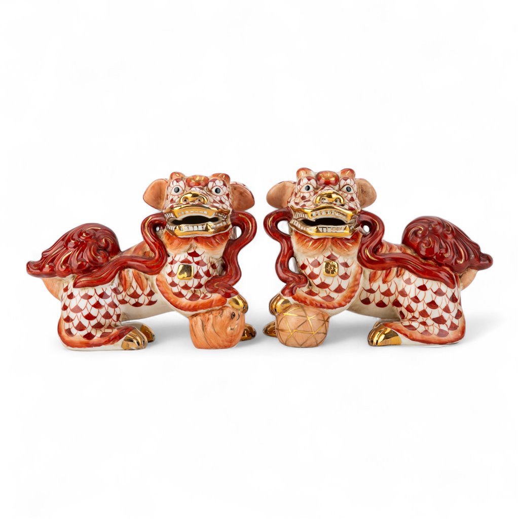 Danny's Fine Porcelain Home Decor Danny's Fine Porcelain Smaller Pair of Lucky Foo Dog-Vermillion Waves
