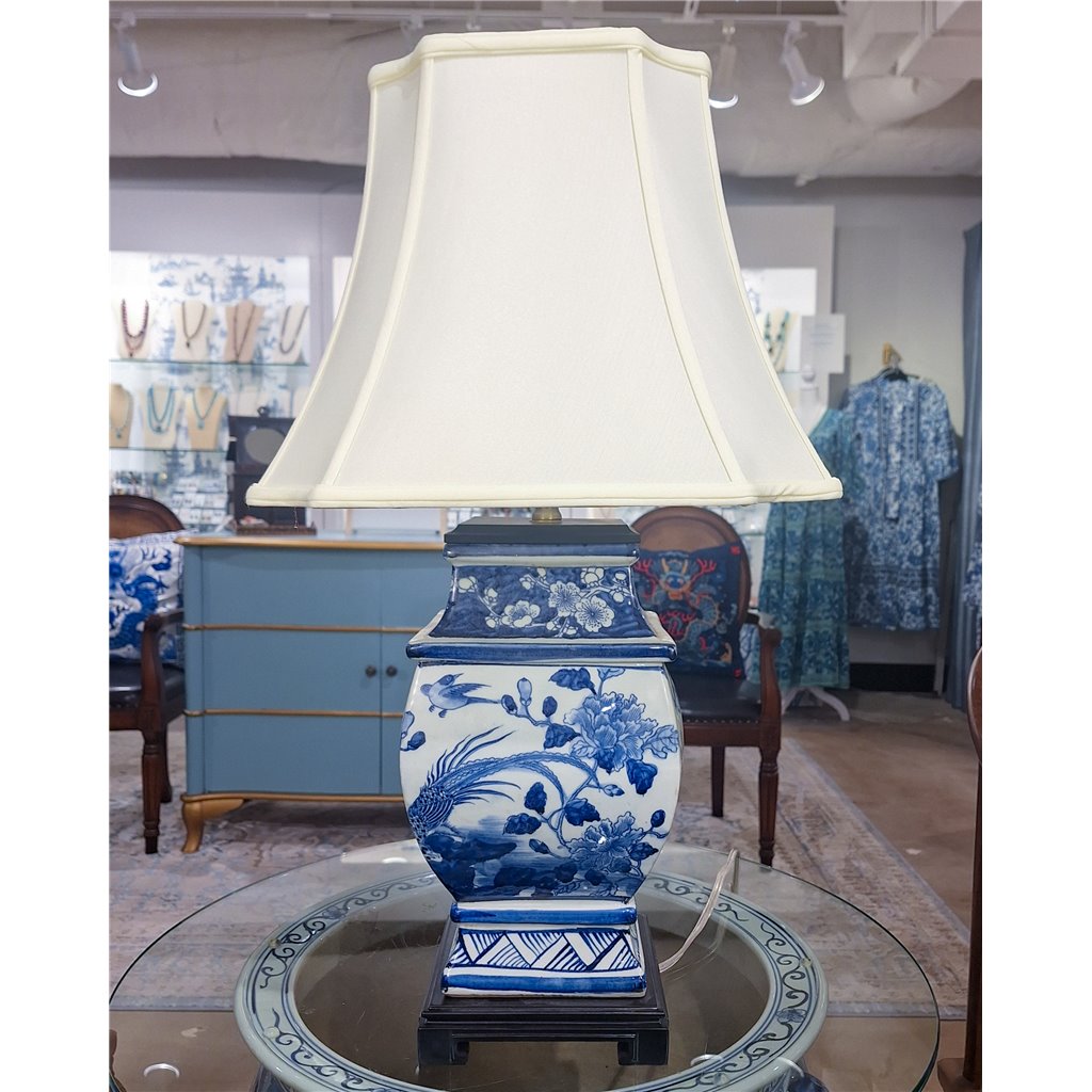 Danny's Fine Porcelain Lighting Danny's Fine Porcelain Sq Vase Lamp - Blue And White Bird (Shade: 122-15-Be) 50927-L