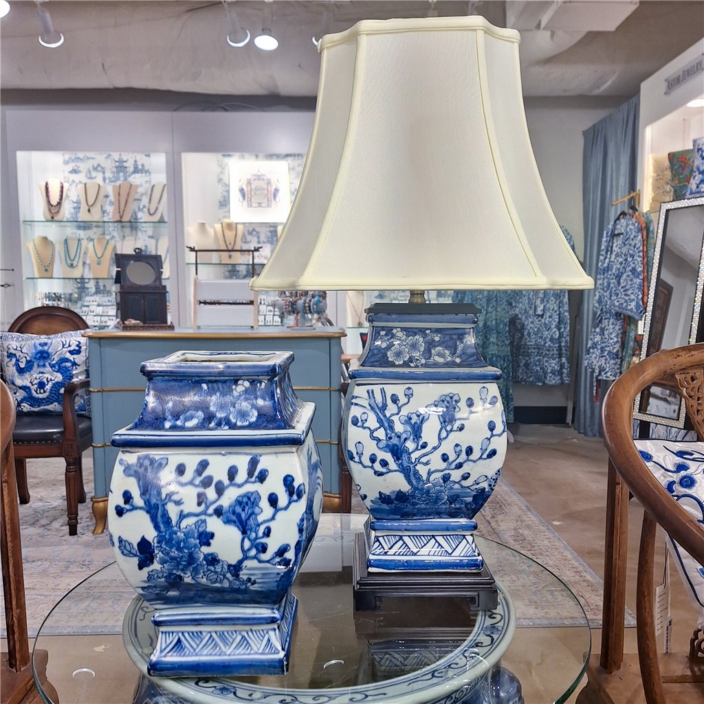 Danny's Fine Porcelain Lighting Danny's Fine Porcelain Sq Vase Lamp - Blue And White Bird (Shade: 122-15-Be) 50927-L