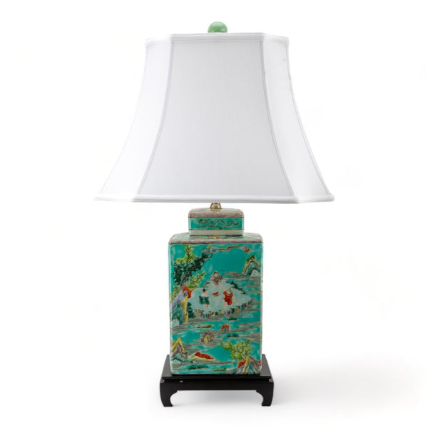Danny's Fine Porcelain Lighting Danny's Fine Porcelain Square Lidded Jar Lamp Teal Green Scenery 51179-L