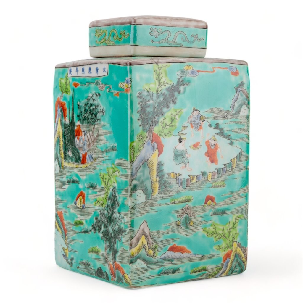 Danny's Fine Porcelain Home Decor Danny's Fine Porcelain Square Lidded Jar Teal Green Scenery 51179