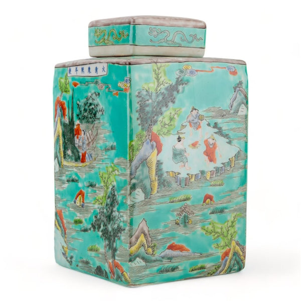 Danny's Fine Porcelain Home Decor Danny's Fine Porcelain Square Lidded Jar Teal Green Scenery 51179